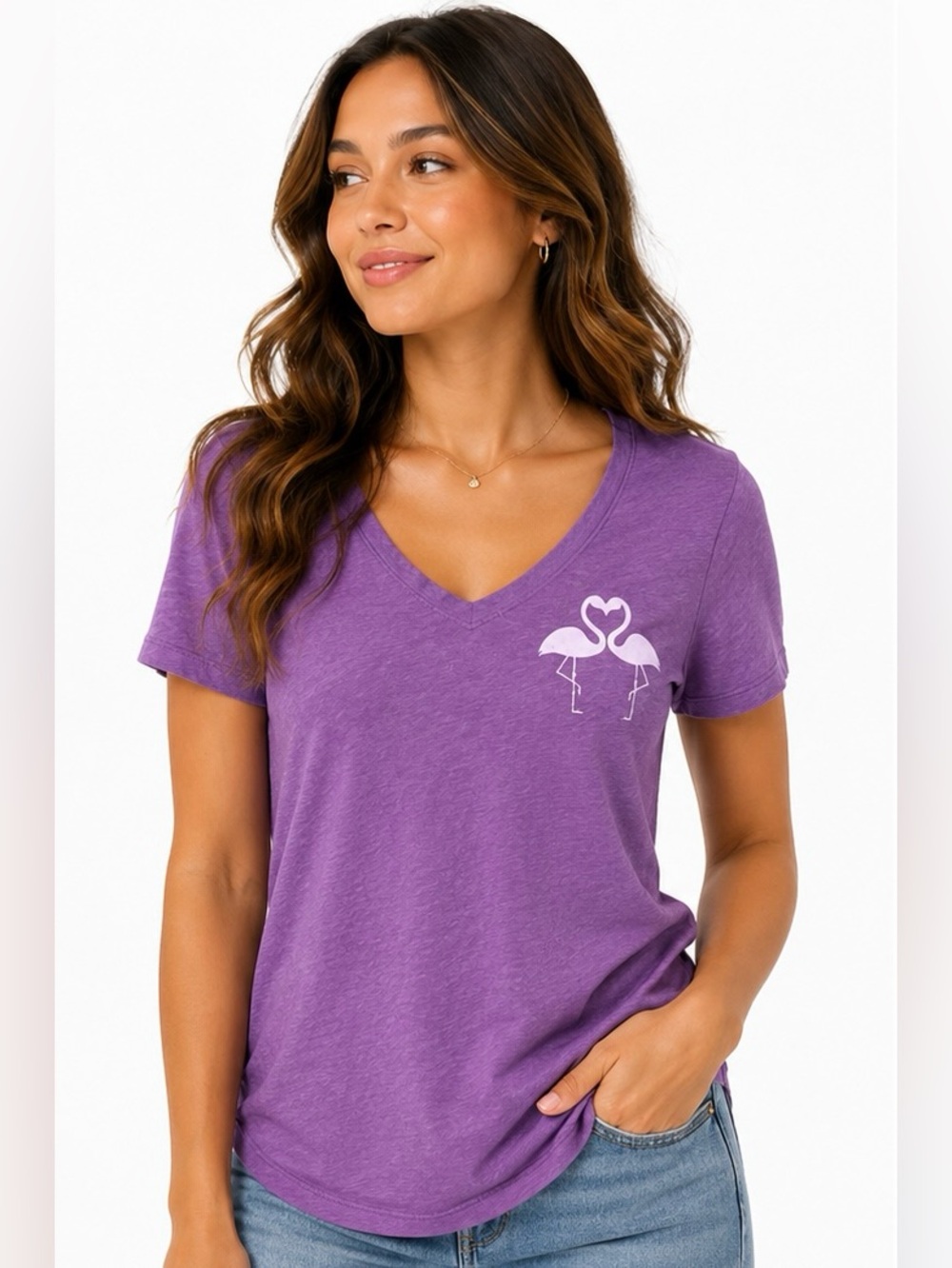 Awake Plum V-Neck Tee with Flamingo Heart Graphic